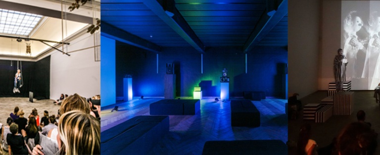 Tredelt billede der viser henholdsvis en sal med tilskuere, der betragter en person der hænger i sele fra loftet, en kunstudstilling i et udstillingsrum og personer, der optræder i et mørkt rum foran et publikum