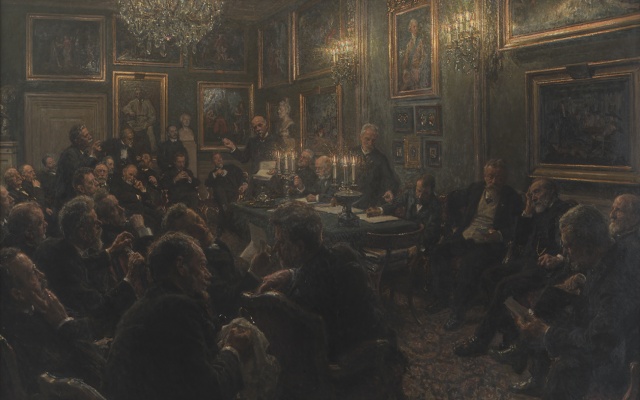 Viggo Johansen, En akademirådsforsamling på Charlottenborg i 1904, (1906-08), SMK Maleri af Viggo Johansen, En akademirådsforsamling på Charlottenborg i 1904, (1906-08), SMK