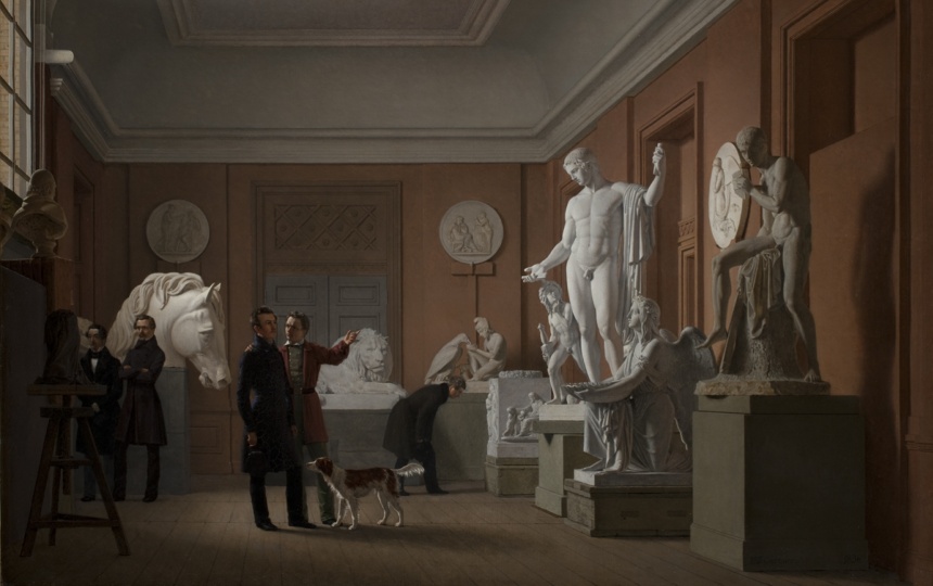 Maleriet Thorvaldsens atelier på Charlottenborg af J.V. Gertner, der viser Thorvaldsens atelier