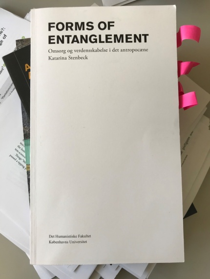 BIllede af afhandlingen Forms of Entaglement med lyserøde postits i