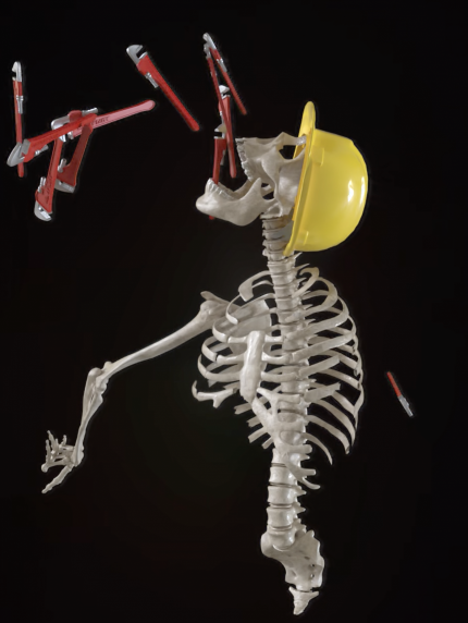 Skelet med arbejdshjelm og værktøj ud af munden